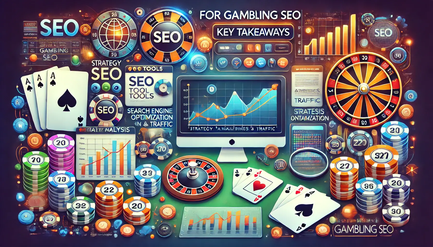 An image showing SEO tools, analytics dashboards, and graphs representing growth in rankings and traffic, combined with casino elements like poker chips, cards, and roulette.