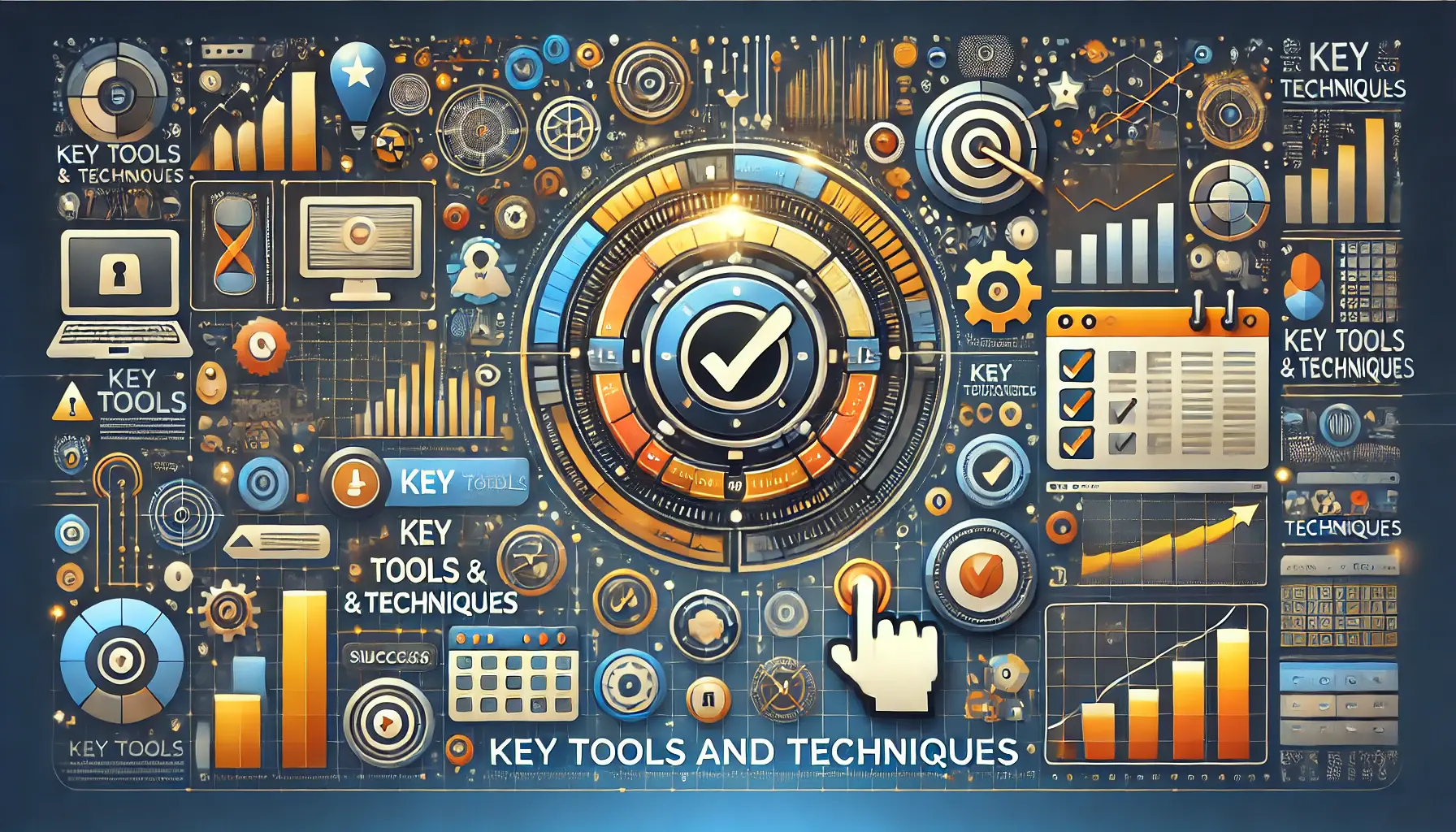 Illustration of essential tools and techniques with a digital interface, tool icons, and symbols of success like checkmarks