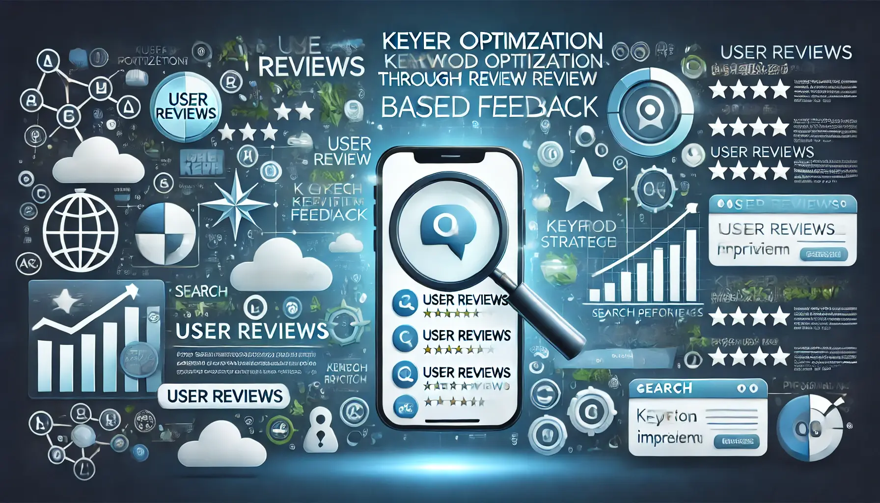 A mobile app with user reviews and keyword tags floating around, alongside graphs showing keyword ranking improvements influenced by feedback.