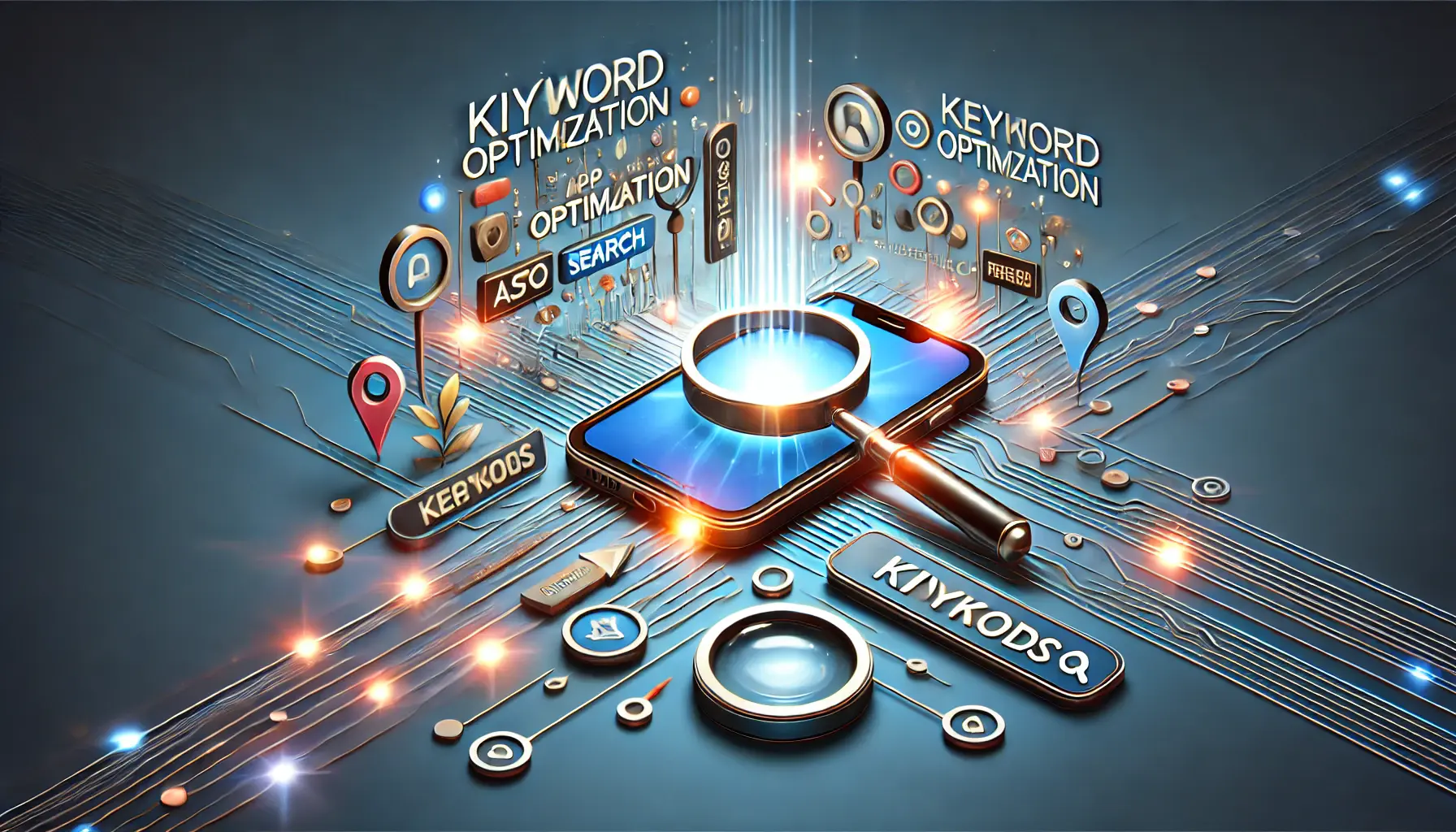 An abstract visual representation of keyword optimization with a central smartphone surrounded by digital elements like search bars, magnifying glasses, and arrows symbolizing data flow and search results.