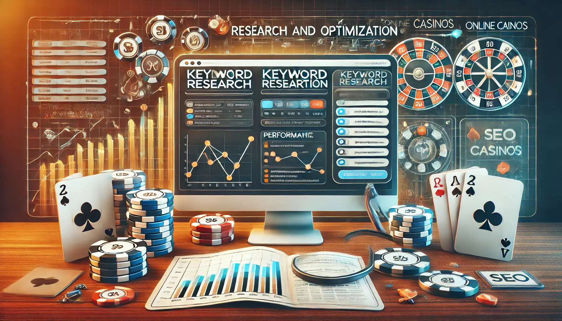 An image showing a computer displaying keyword tools, search bars, and performance graphs, combined with subtle casino elements like poker chips and roulette.