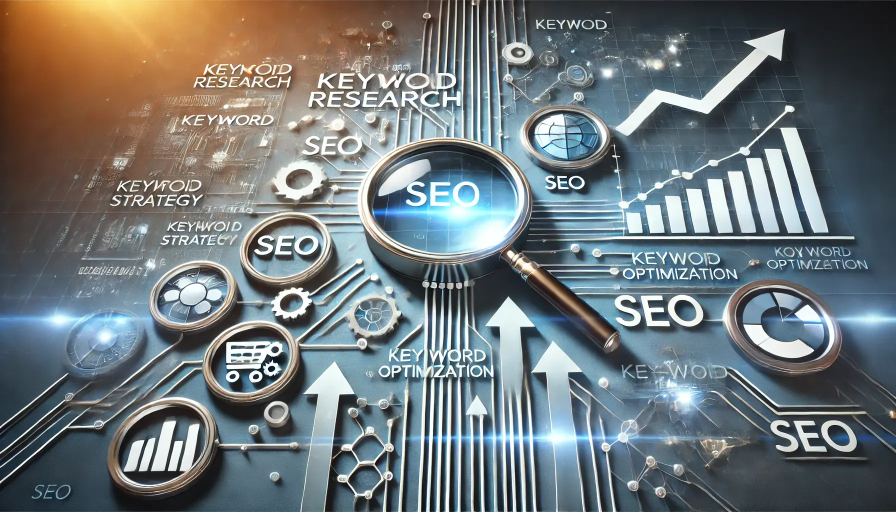 An image showing a magnifying glass over keywords, digital graphs, and upward arrows representing the process of keyword research and optimization.