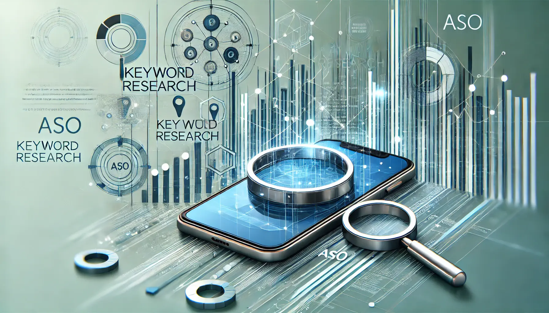 Abstract representation of keyword research for mobile app optimization, featuring digital graphs, data streams, and a smartphone displaying search results