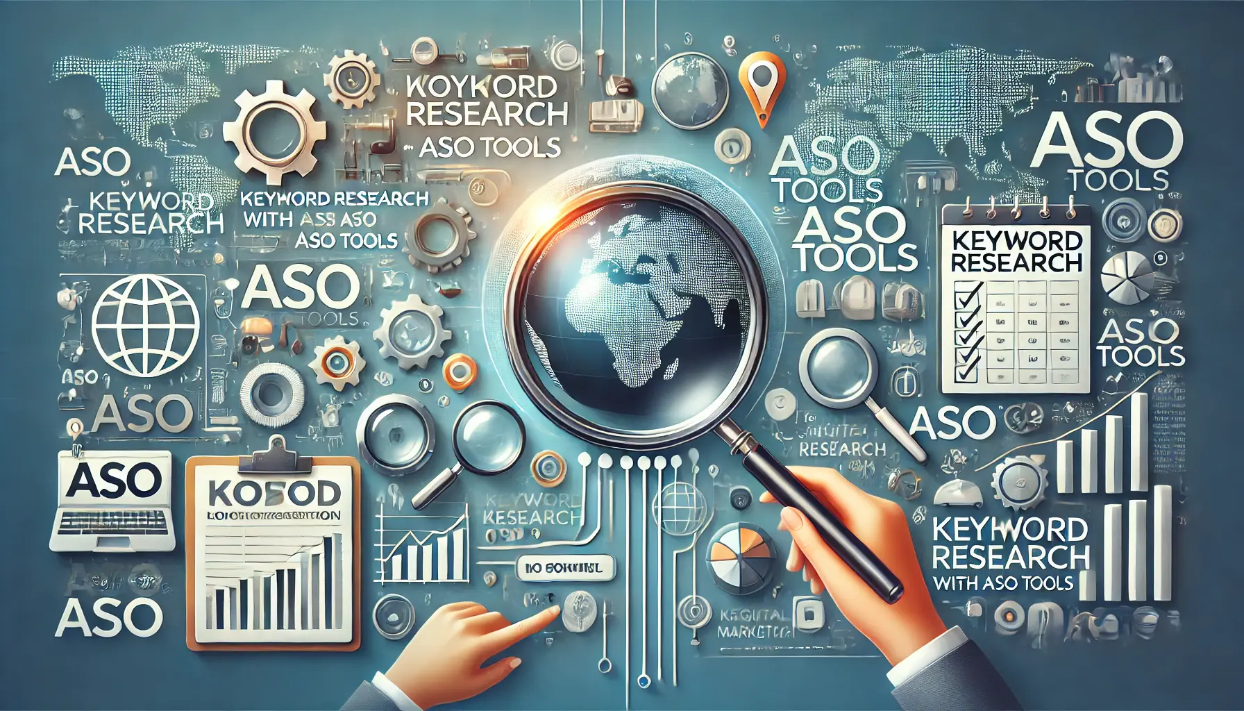 Digital charts, graphs, and analytical tools symbolizing in-depth keyword research with ASO tools, subtly conveying a global aspect.