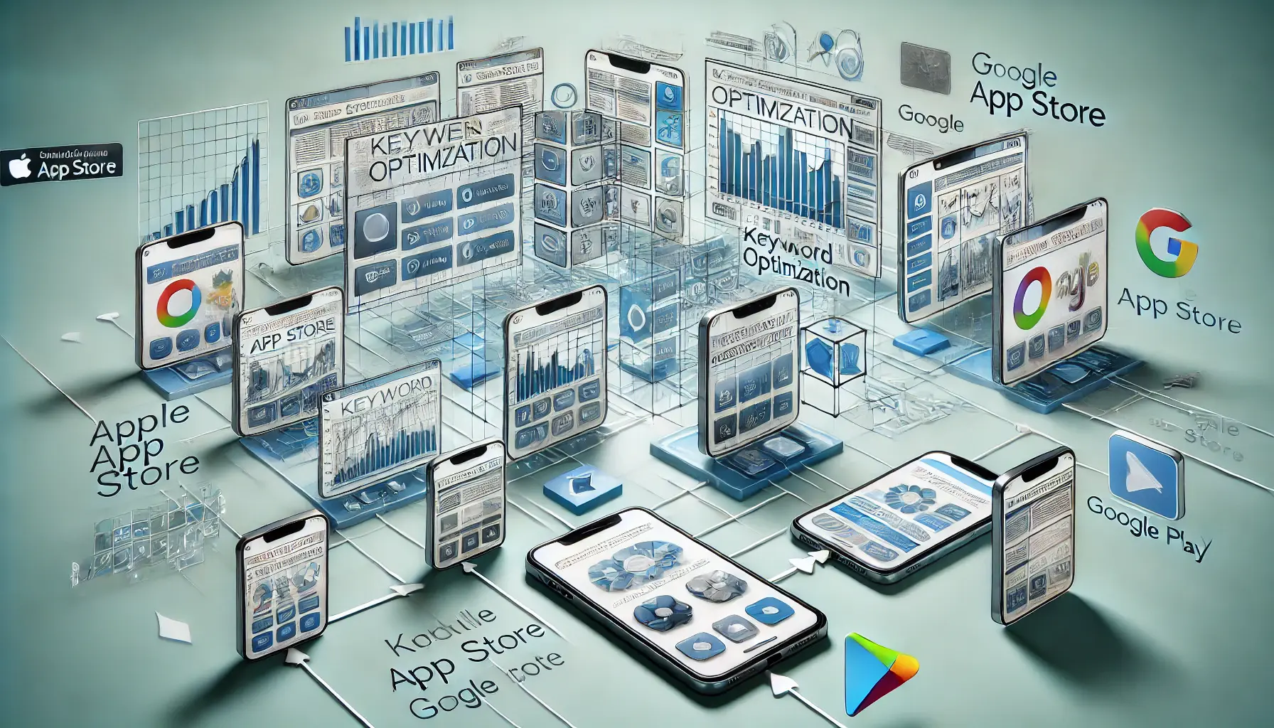 Abstract representation of keyword optimization across different app store platforms, featuring mobile devices with app store interfaces and data graphs