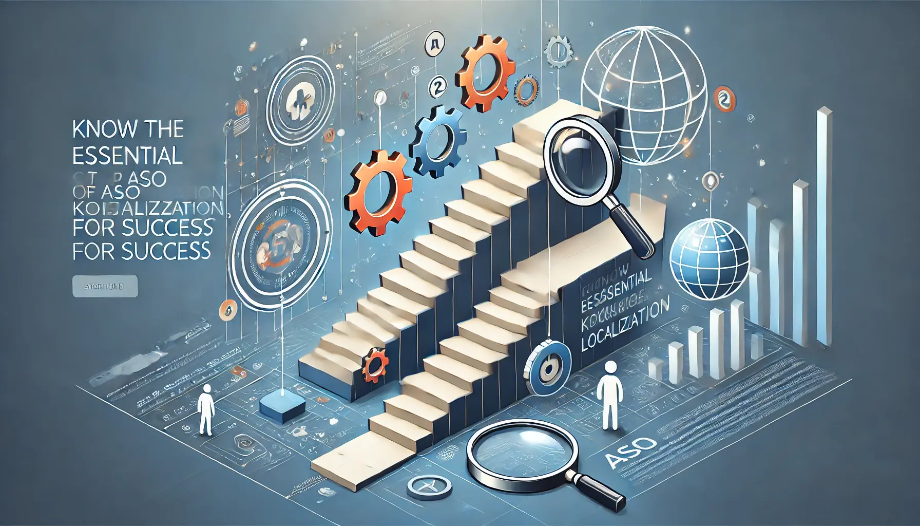 Staircase or pathway leading upward, with symbols like gears, a magnifying glass, and a globe representing the key steps for ASO Keyword Localization.