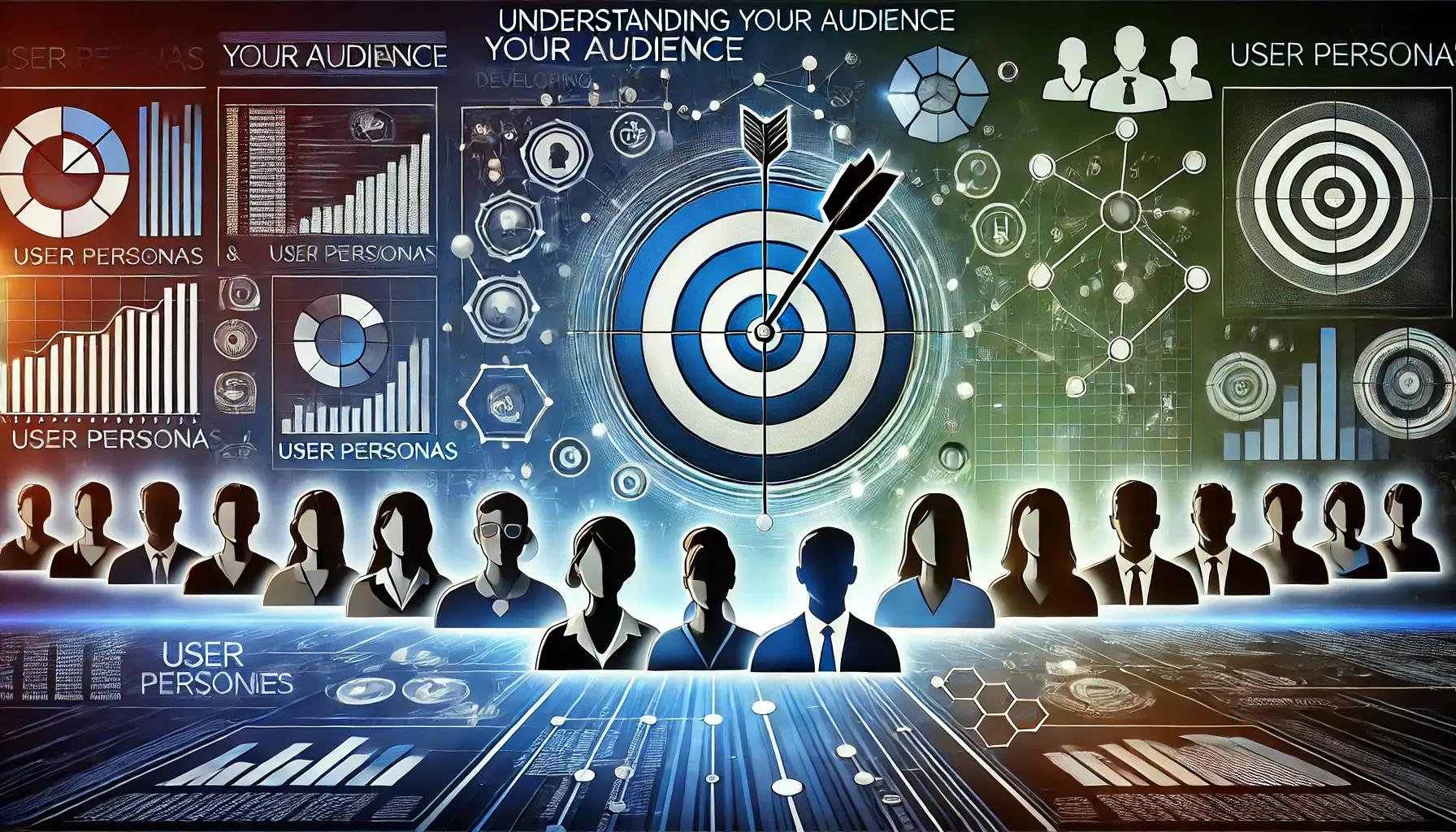 Visual representation of understanding your audience with diverse silhouettes of business professionals, interconnected by lines, symbolizing user personas for enterprise apps.