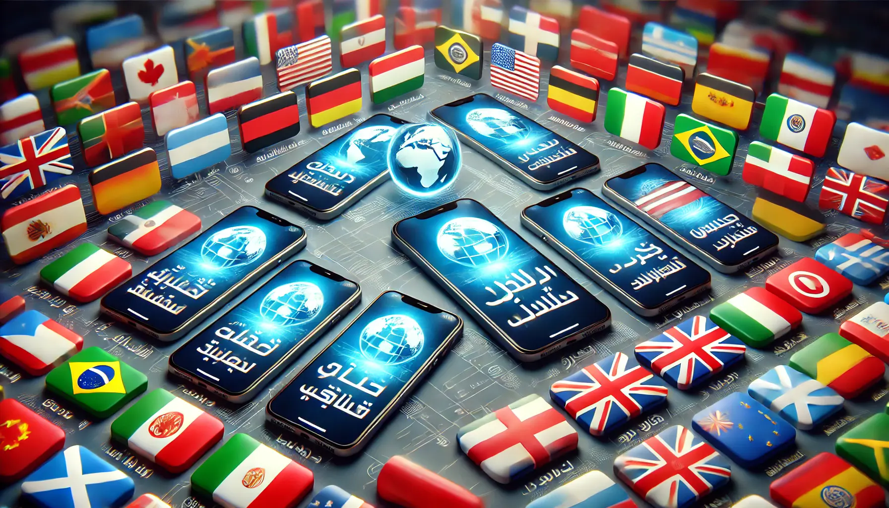 A group of smartphones displaying the same app in different languages, surrounded by country flags and a subtle world map in the background.