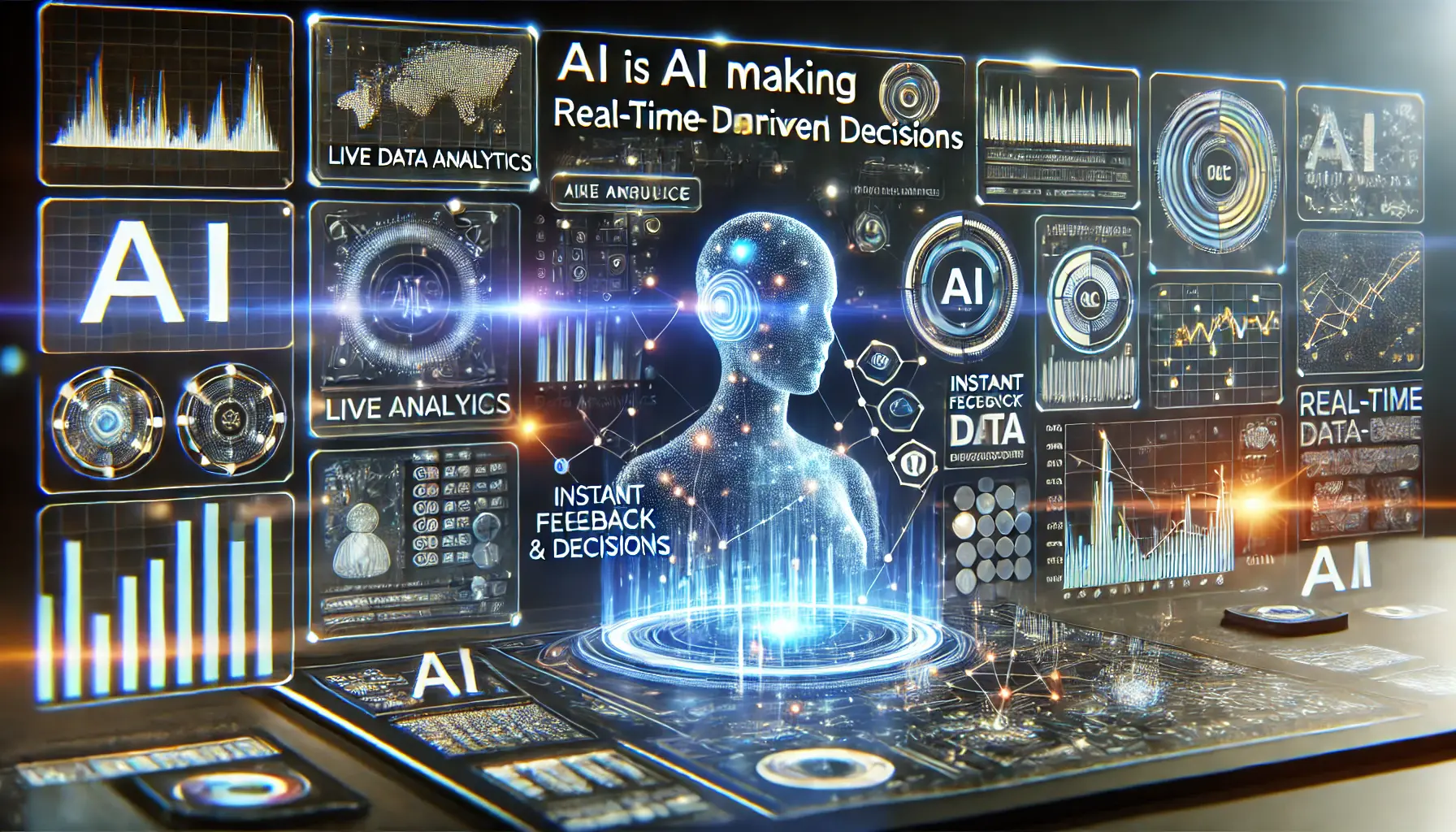 A futuristic scene displaying AI making real-time data-driven decisions with a dashboard showing live data analytics and glowing data streams.