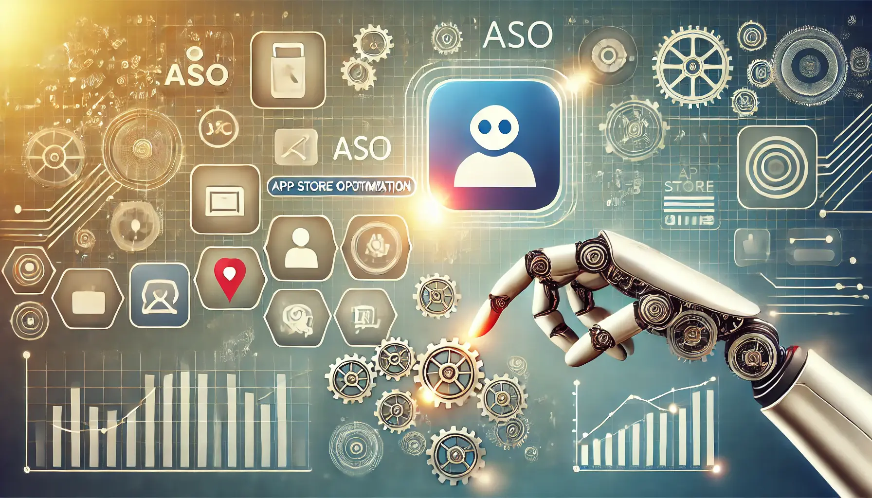 Robotic or automated elements interacting with app store components like app icons, graphs, and search bars, with gears and circuits representing the automation process.