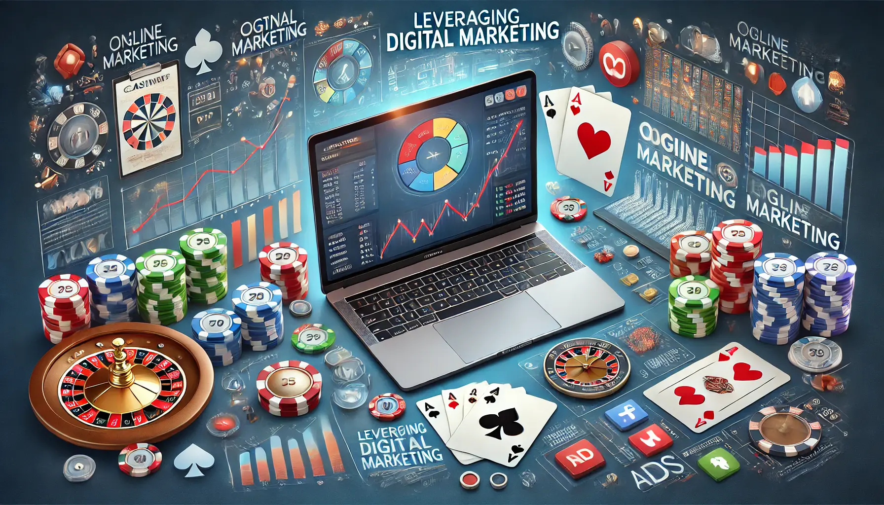 A scene showing a laptop with a digital marketing dashboard displaying graphs, ads, and analytics, combined with subtle casino visuals like poker chips and roulette.