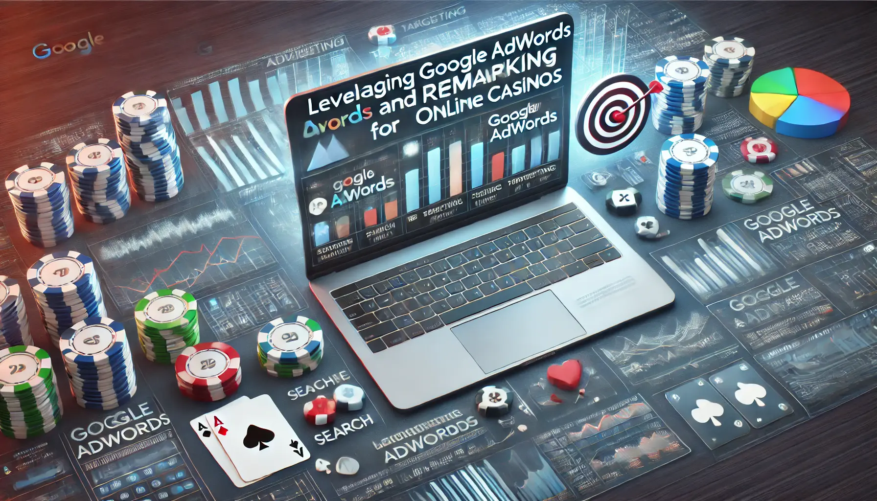 A digital marketing scene with a laptop showing ad performance graphs, targeting icons, and subtle casino visuals like poker chips and roulette.