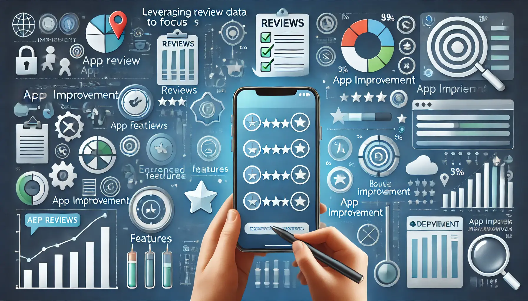 A mobile app with reviews being analyzed through charts, graphs, and feedback bubbles, leading to app improvements like bug fixes and new features.