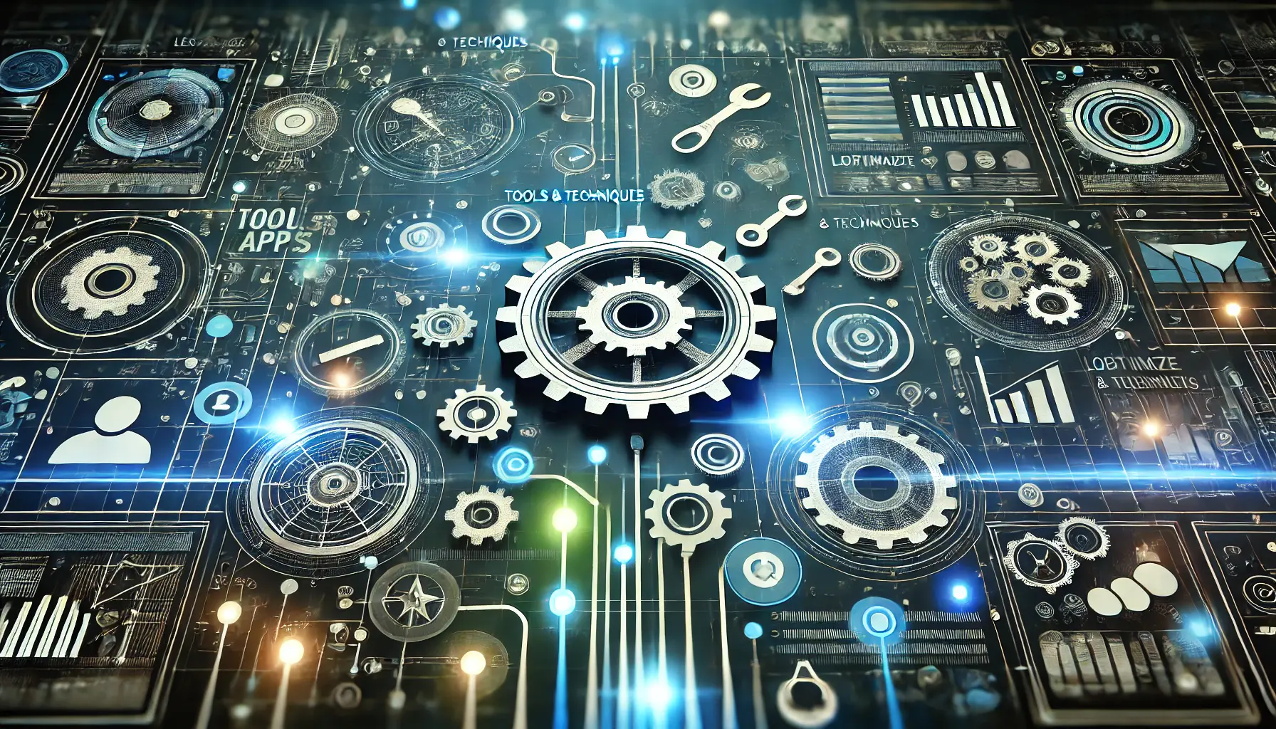 Abstract image representing the concept of leveraging tools and techniques with gears, tool icons, and digital interfaces.