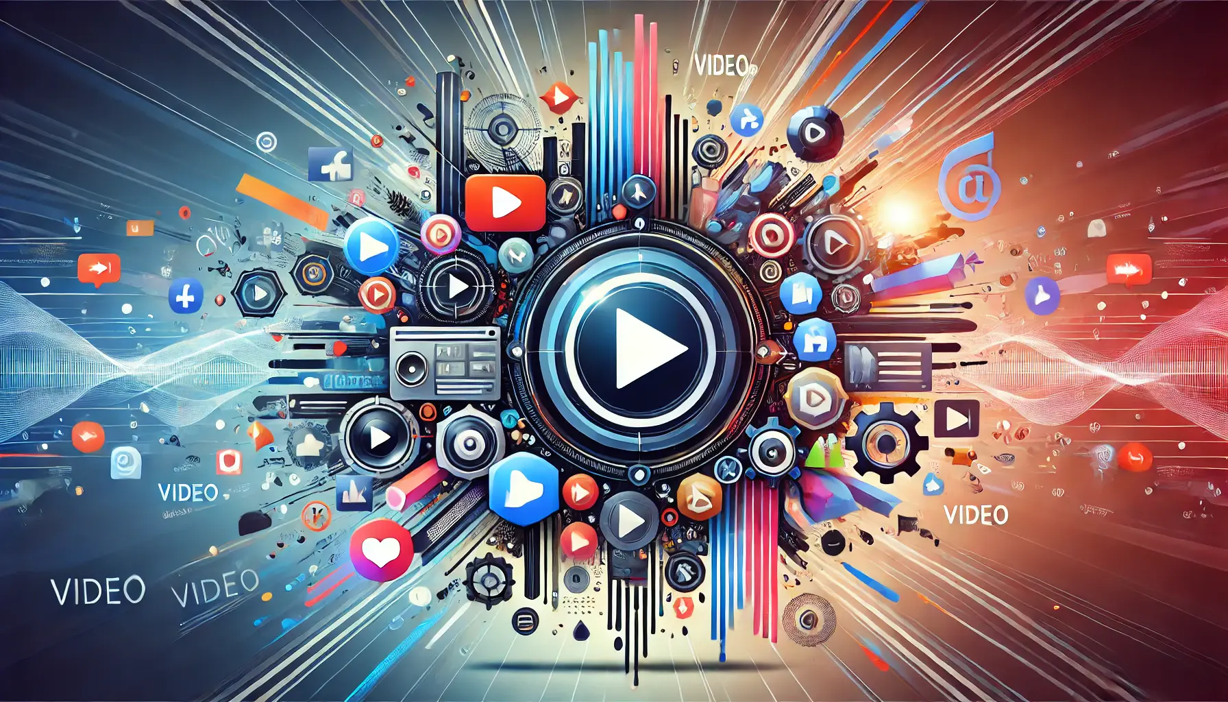 Abstract image representing video content with play buttons, video frames, and social media interactions