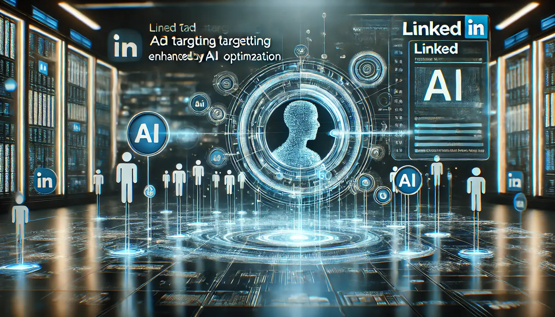 A futuristic digital interface showing LinkedIn's network with precise targeting mechanisms enhanced by AI algorithms, symbolizing accuracy and efficiency in ad targeting.