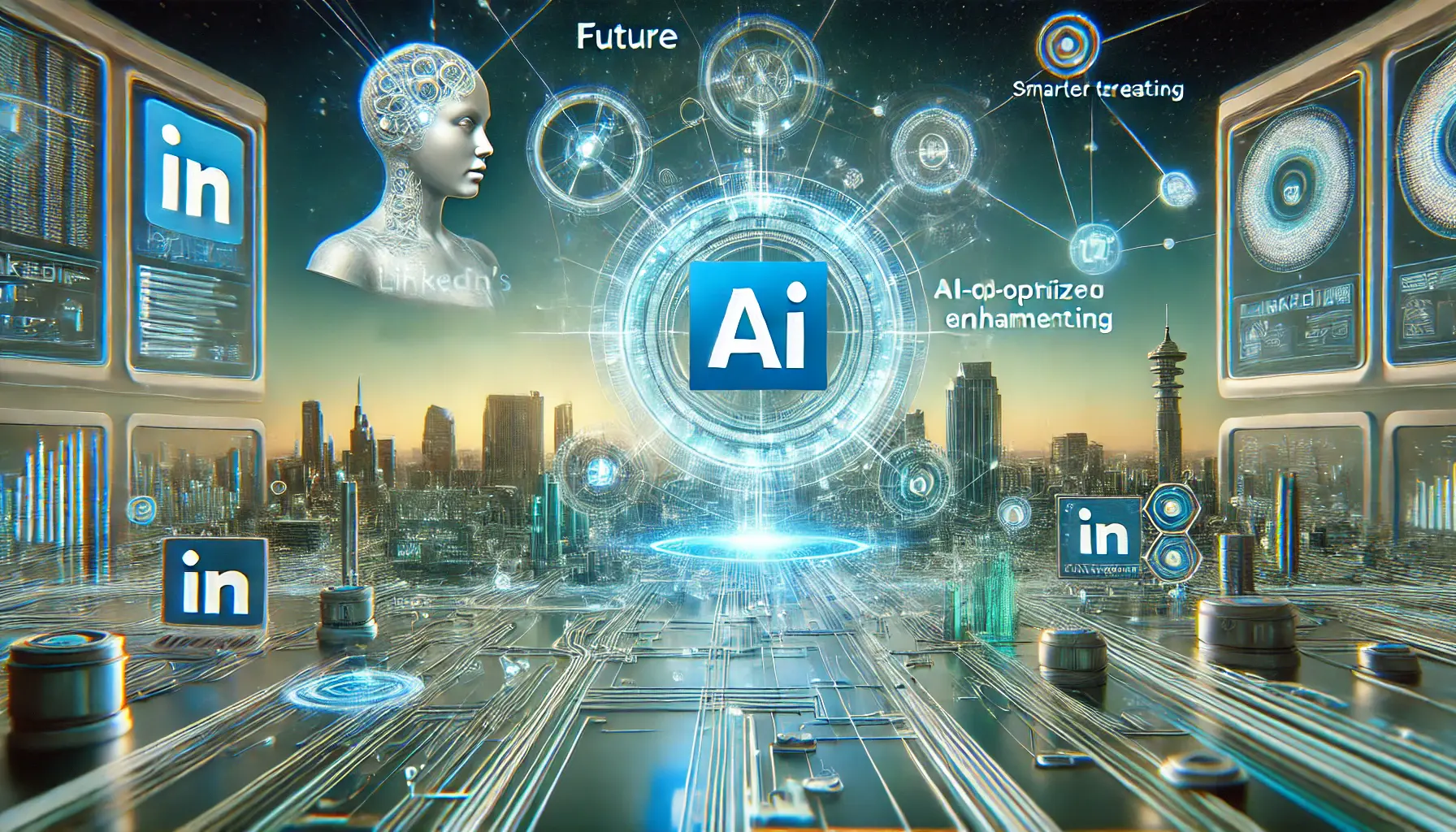 A futuristic digital interface showing LinkedIn's network evolving with AI-driven enhancements like smarter targeting and real-time data analysis, symbolizing the future of advertising.