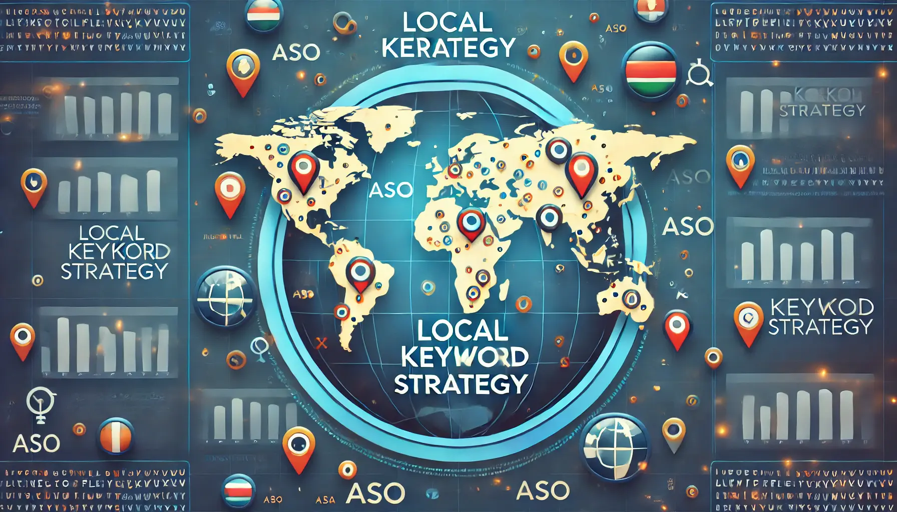 World map with highlighted specific regions, emphasizing a targeted, region-specific approach to keyword strategy.