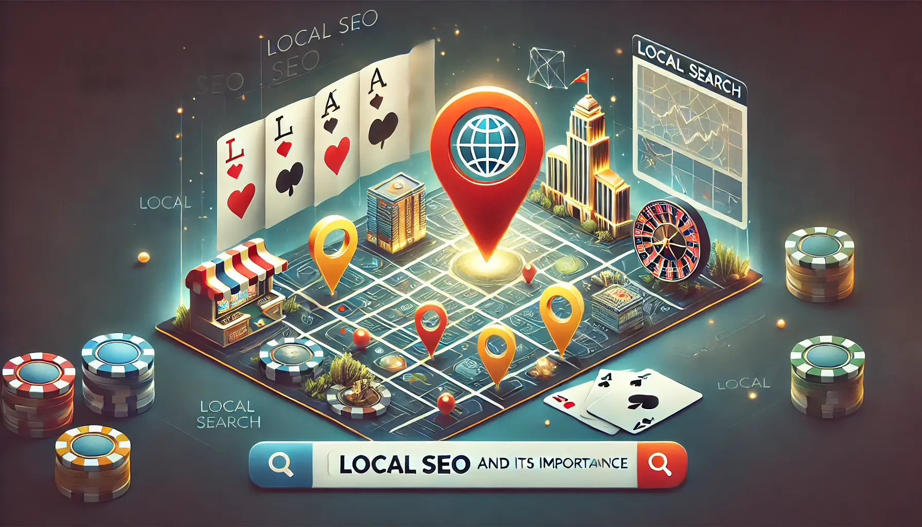 A scene featuring a map with location pins, search bars, and digital marketing tools, subtly combined with casino visuals like poker chips and roulette.