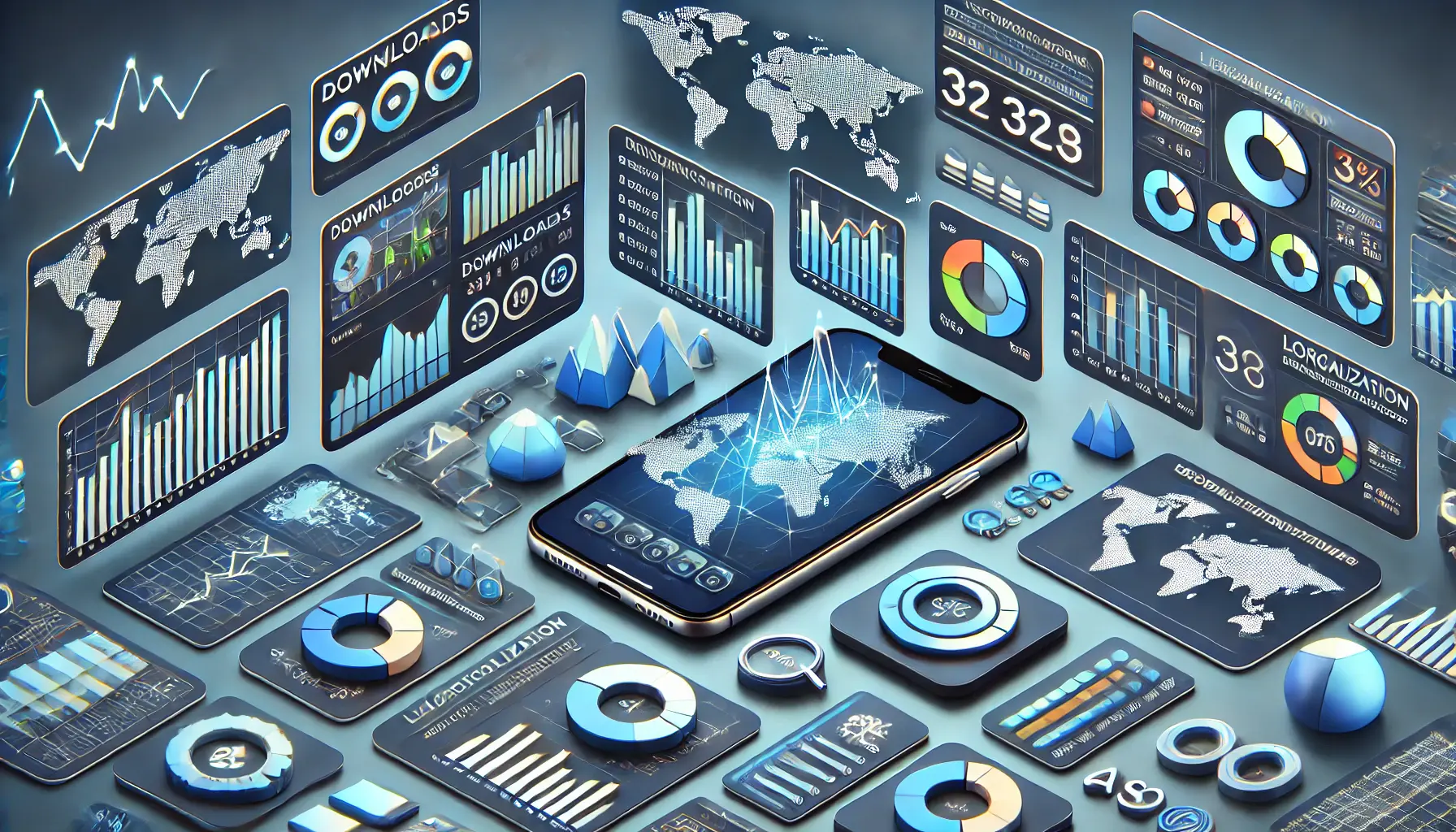 Various mobile app analytics tools displaying charts for metrics like downloads, user engagement, and rankings across regions, with mobile devices showing localized app versions.