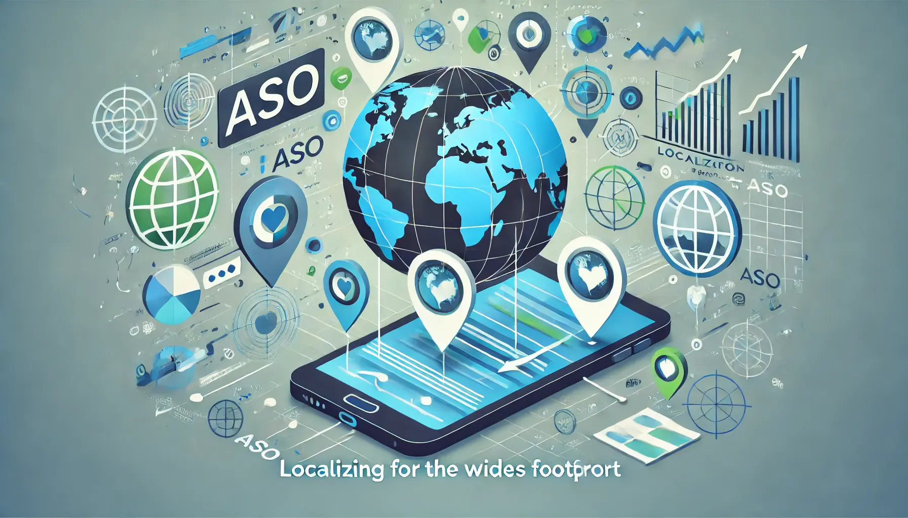 Abstract representation of localizing for the widest footprint in ASO, featuring a mobile device connected to globe icons symbolizing global reach