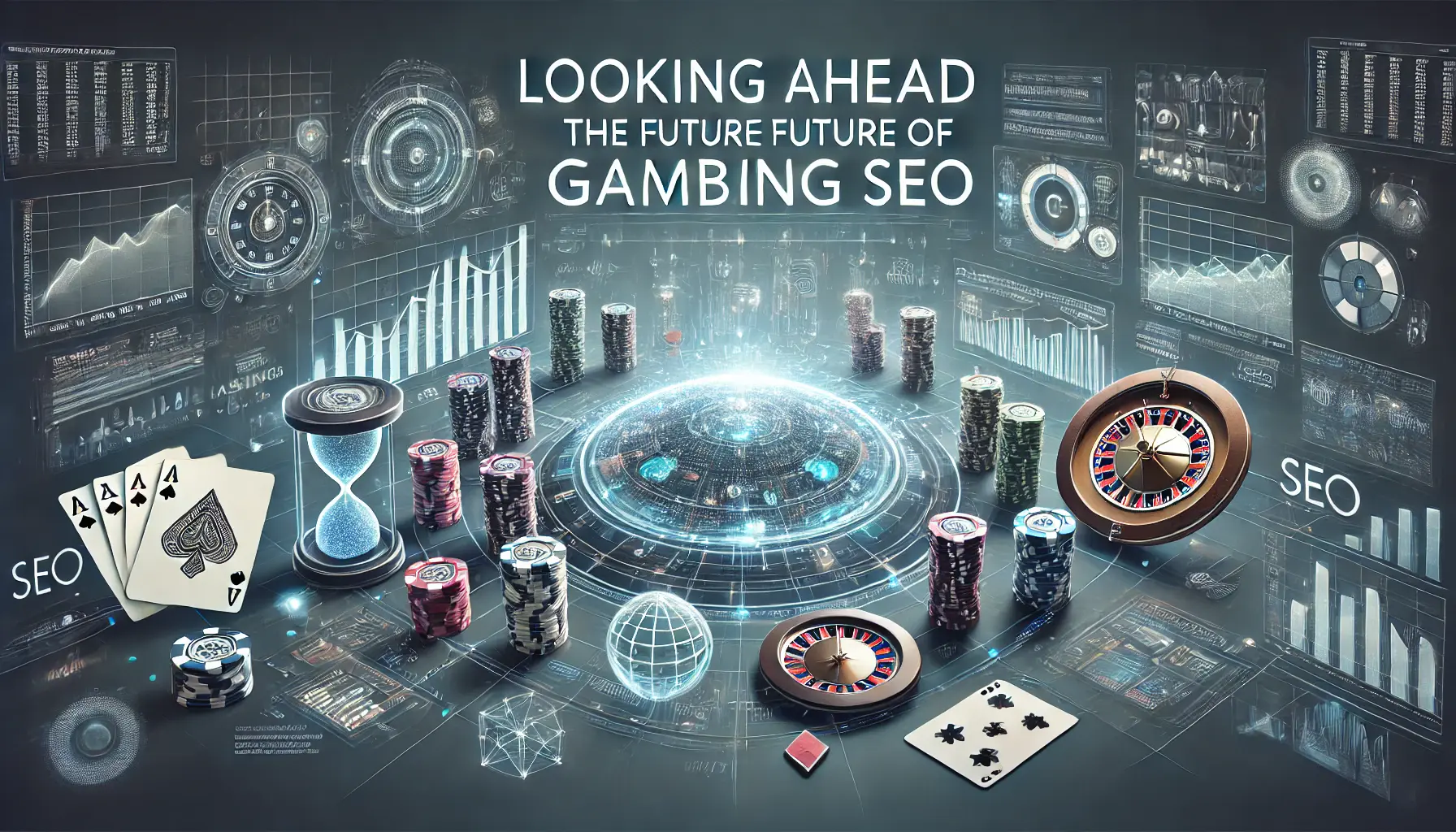 An image depicting futuristic SEO strategies with AI-driven analytics, advanced tools, and holographic graphs showing growth, combined with subtle casino elements like poker chips and roulette.