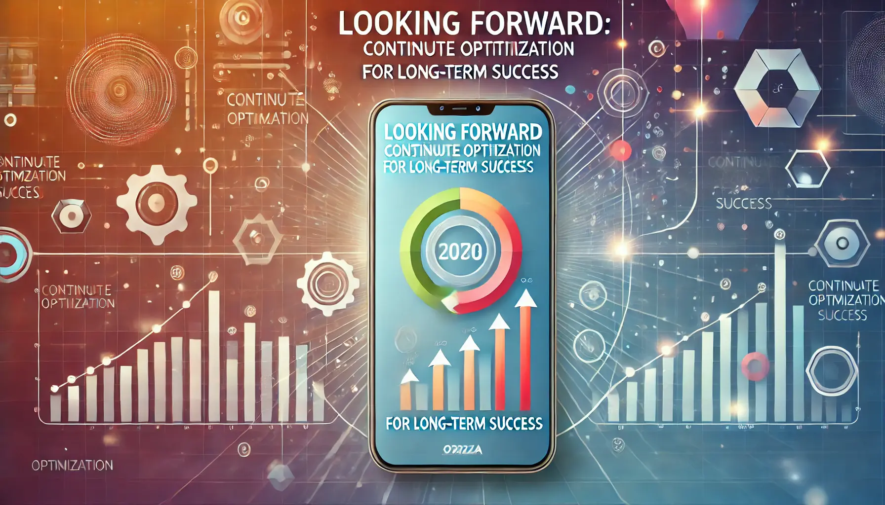 A smartphone displaying elements like progress bars and growth charts, set against an abstract background symbolizing forward-thinking and sustainability.