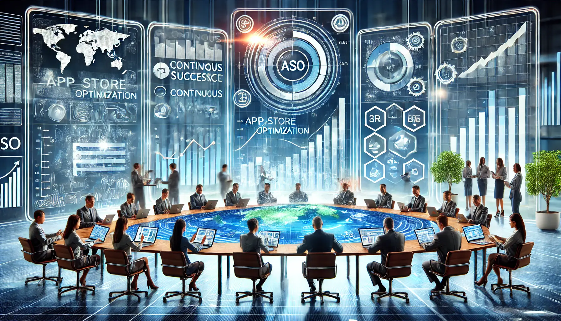 Image depicting a digital dashboard with continuous metrics, analytics graphs, and growth indicators in a corporate environment, symbolizing ongoing ASO success within an enterprise.