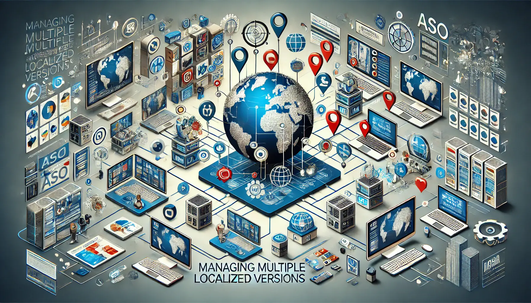 Interconnected devices or screens showing different regions or languages, symbolizing the management of multiple localized versions.