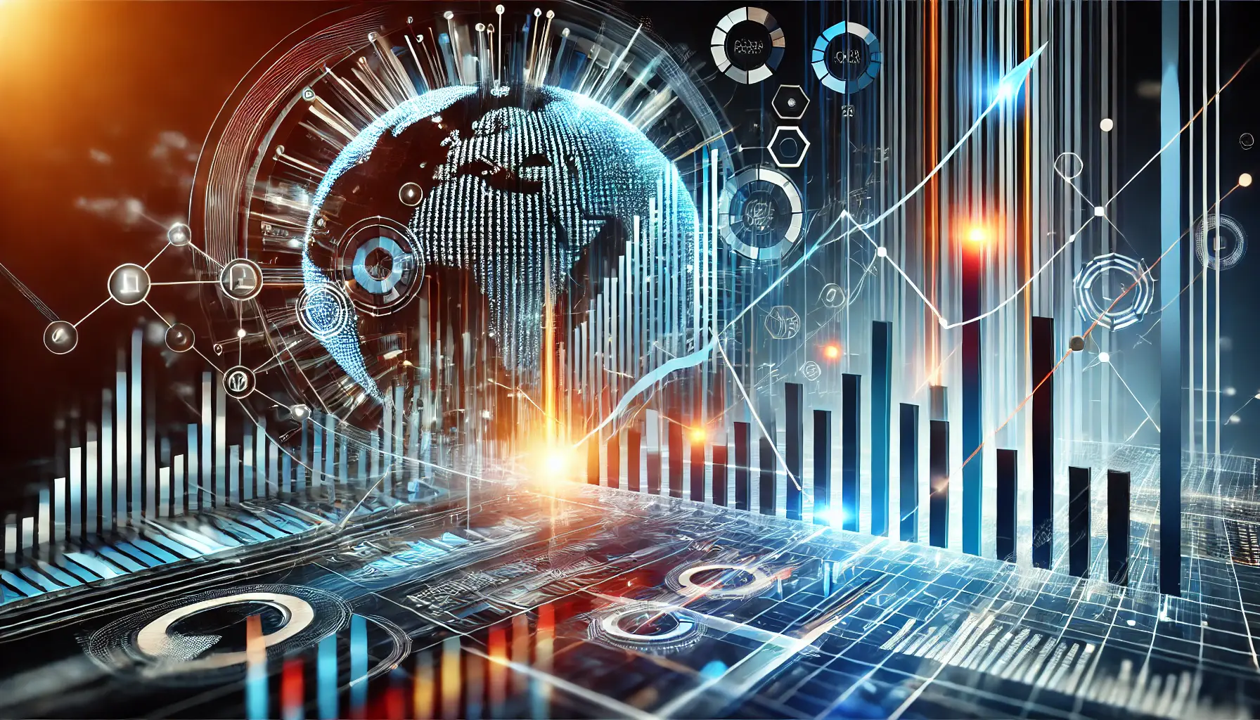 Futuristic scene illustrating the market dynamics and competitive landscape with ascending graphs and interconnected networks symbolizing growth and competition.