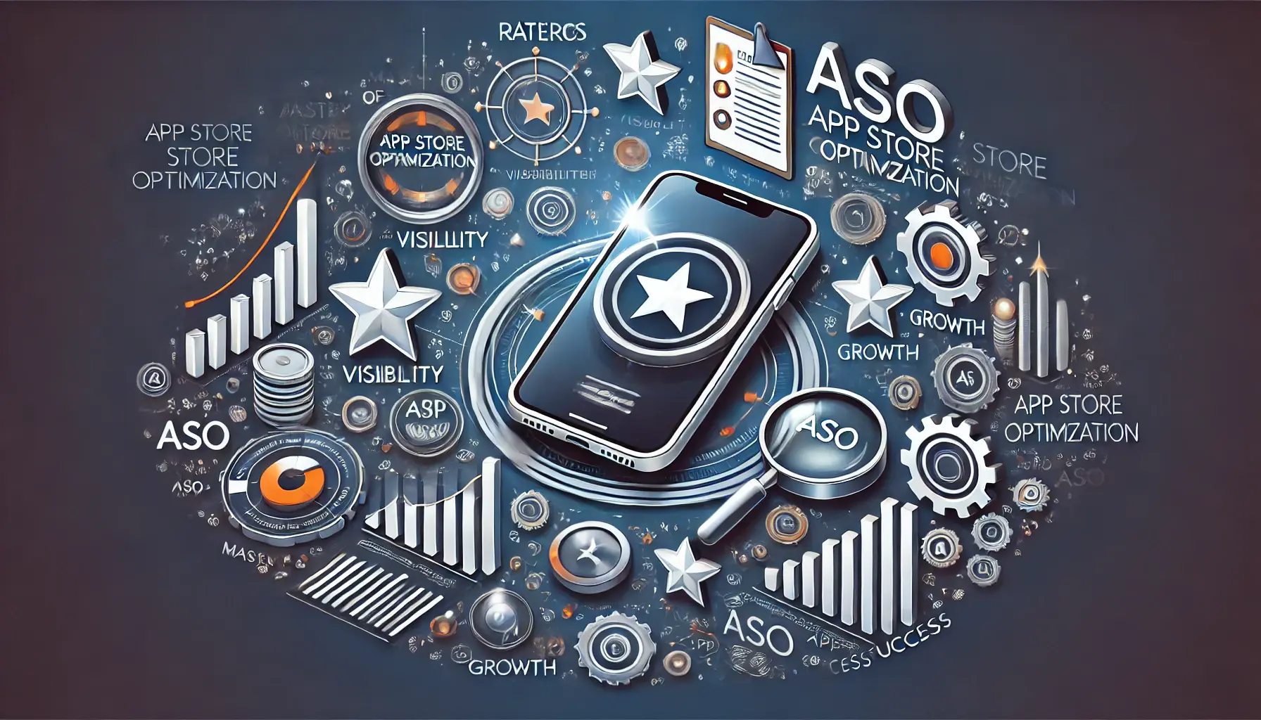 An image of a smartphone surrounded by elements like stars, magnifying glasses, charts, and gears, symbolizing the mastery of ASO strategies for app success.