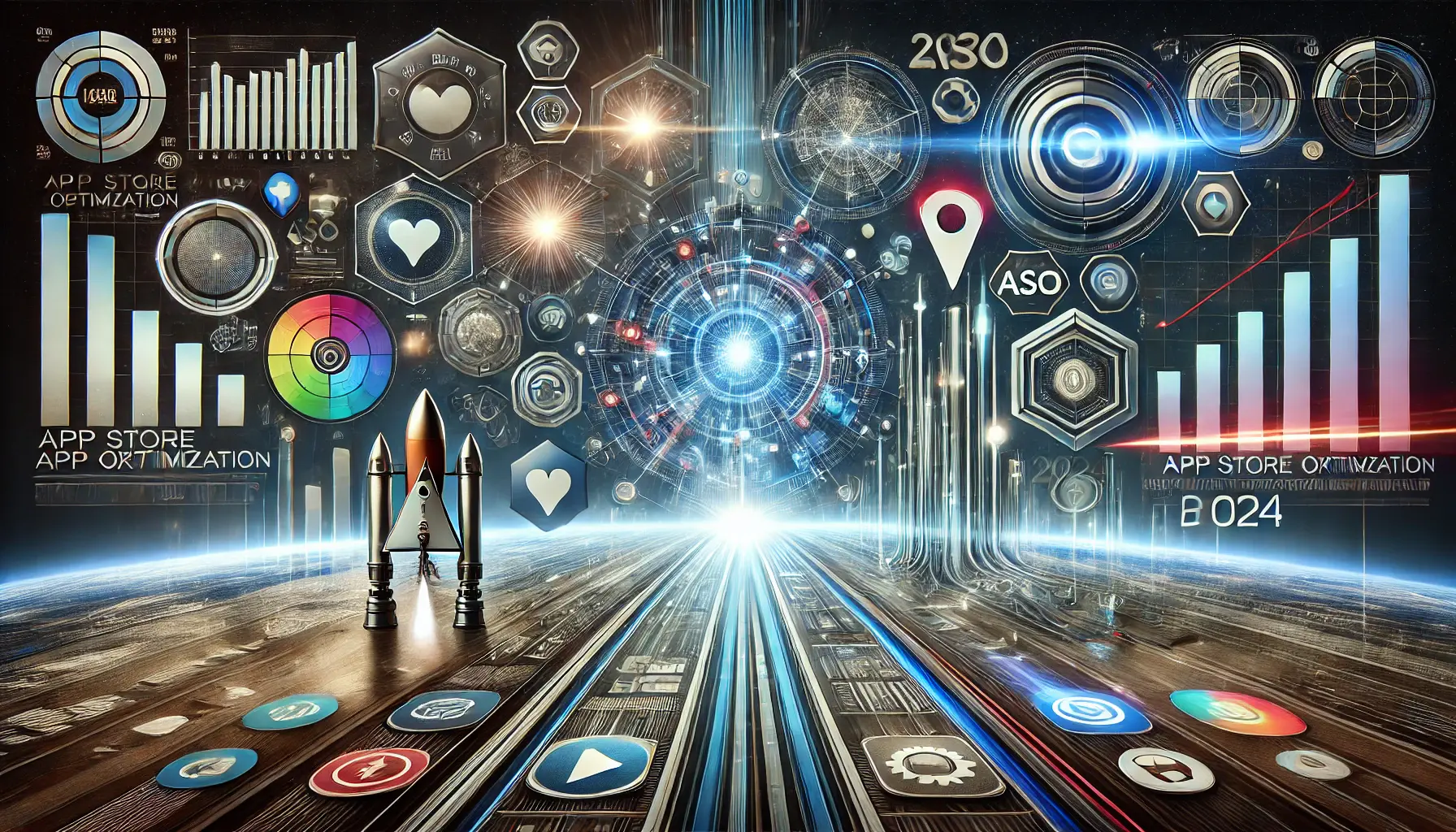 Image depicting a futuristic digital landscape with advanced analytics, successful app ranking, and growth indicators converging towards a central point, symbolizing ASO mastery by 2024.