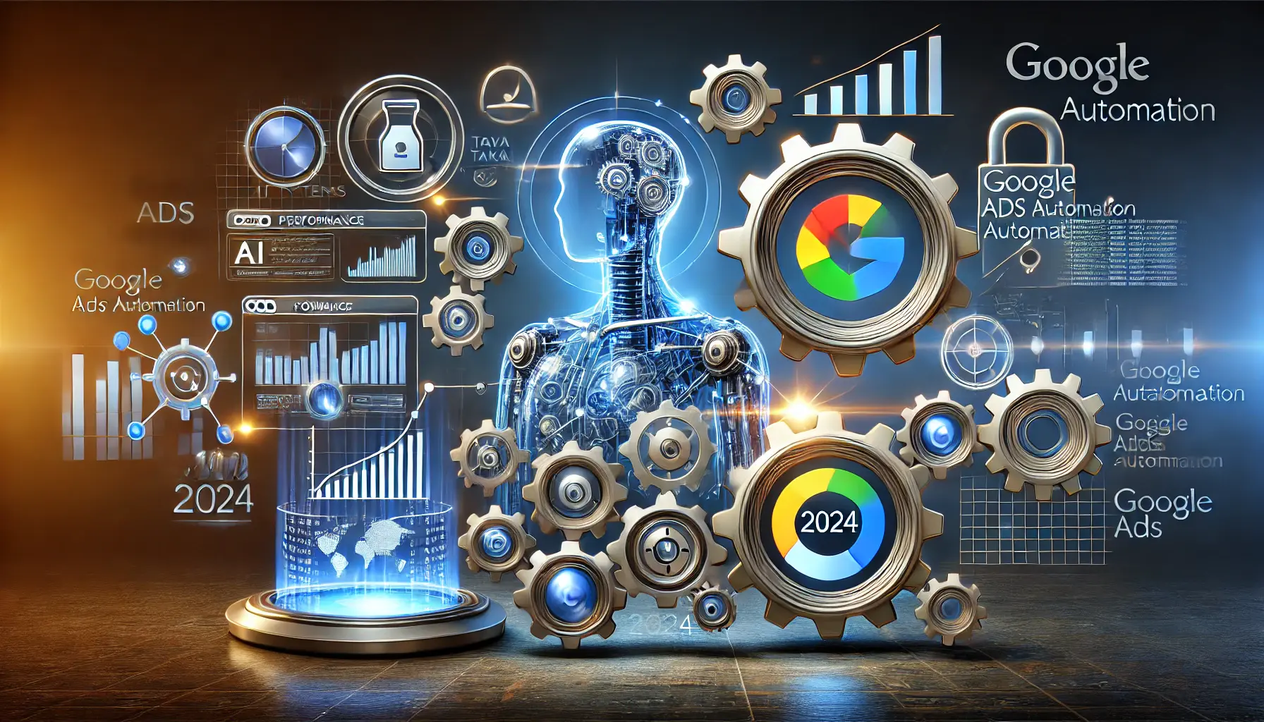 Digital illustration showing AI systems, gears, and data flows working in harmony, symbolizing mastery and strategy in Google Ads automation for 2024.