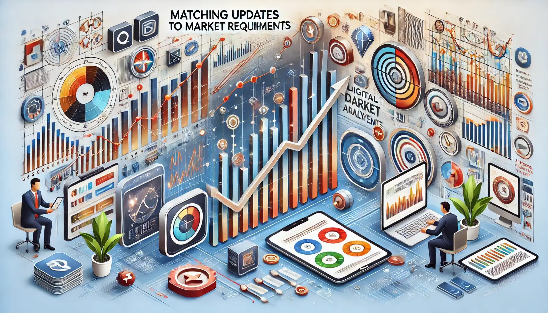 Illustration of aligning app updates with market trends featuring a market analysis graph and app icons on a timeline