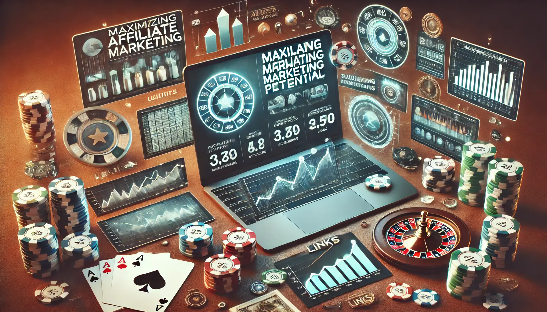 An image showing a computer displaying affiliate program dashboards, growth graphs, and links, combined with subtle casino elements like poker chips, cards, and roulette.