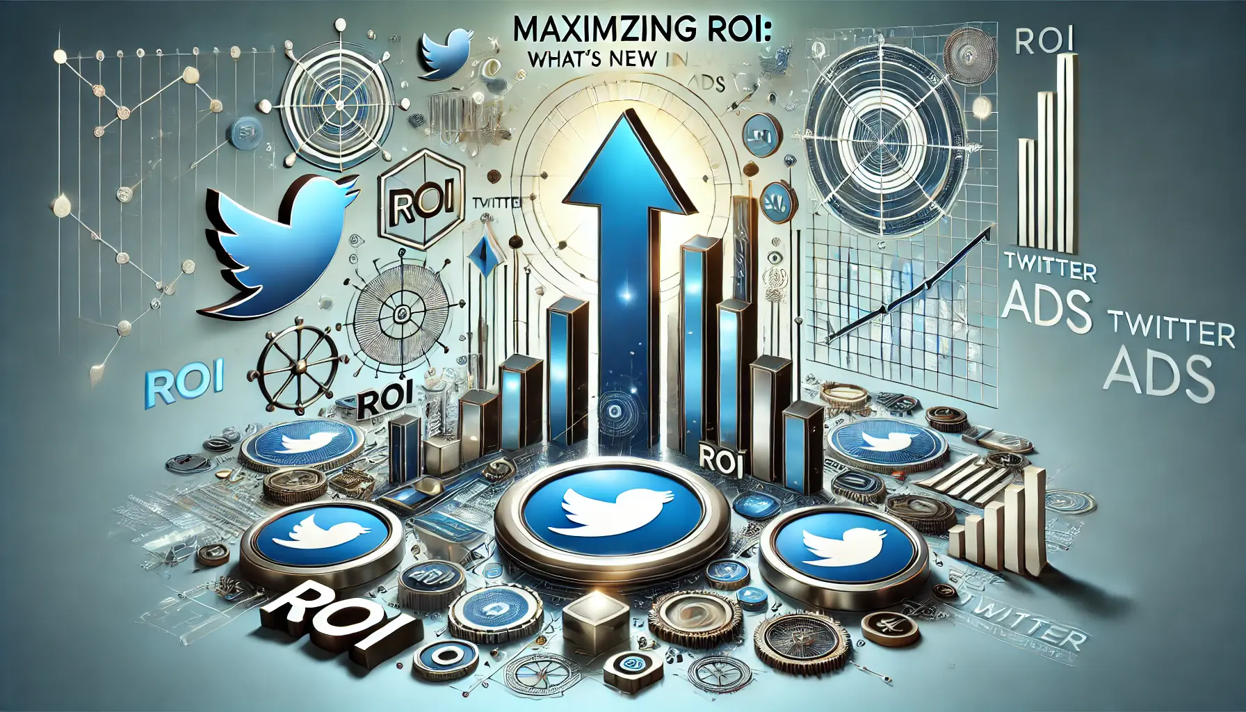 Abstract image representing maximizing ROI with upward arrows, digital charts, and Twitter icons