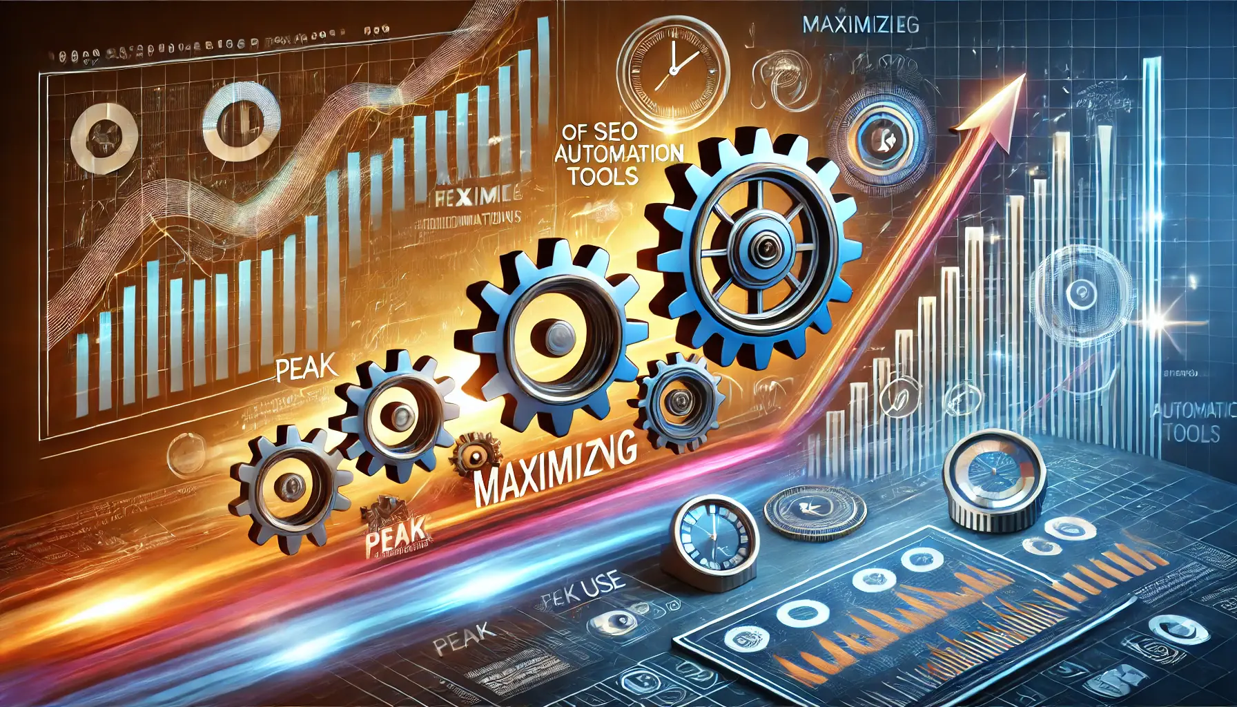 An image representing optimized SEO automation tools with icons like gears, graphs, and digital dashboards at full capacity, symbolizing efficiency and growth.