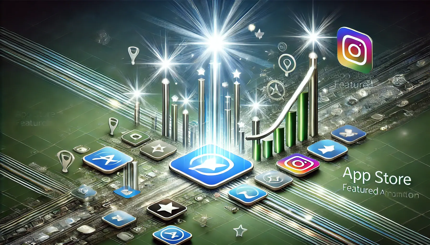 Abstract image representing the concept of maximizing app success with App Store featured announcements, featuring spotlighted app icons and glowing pathways.