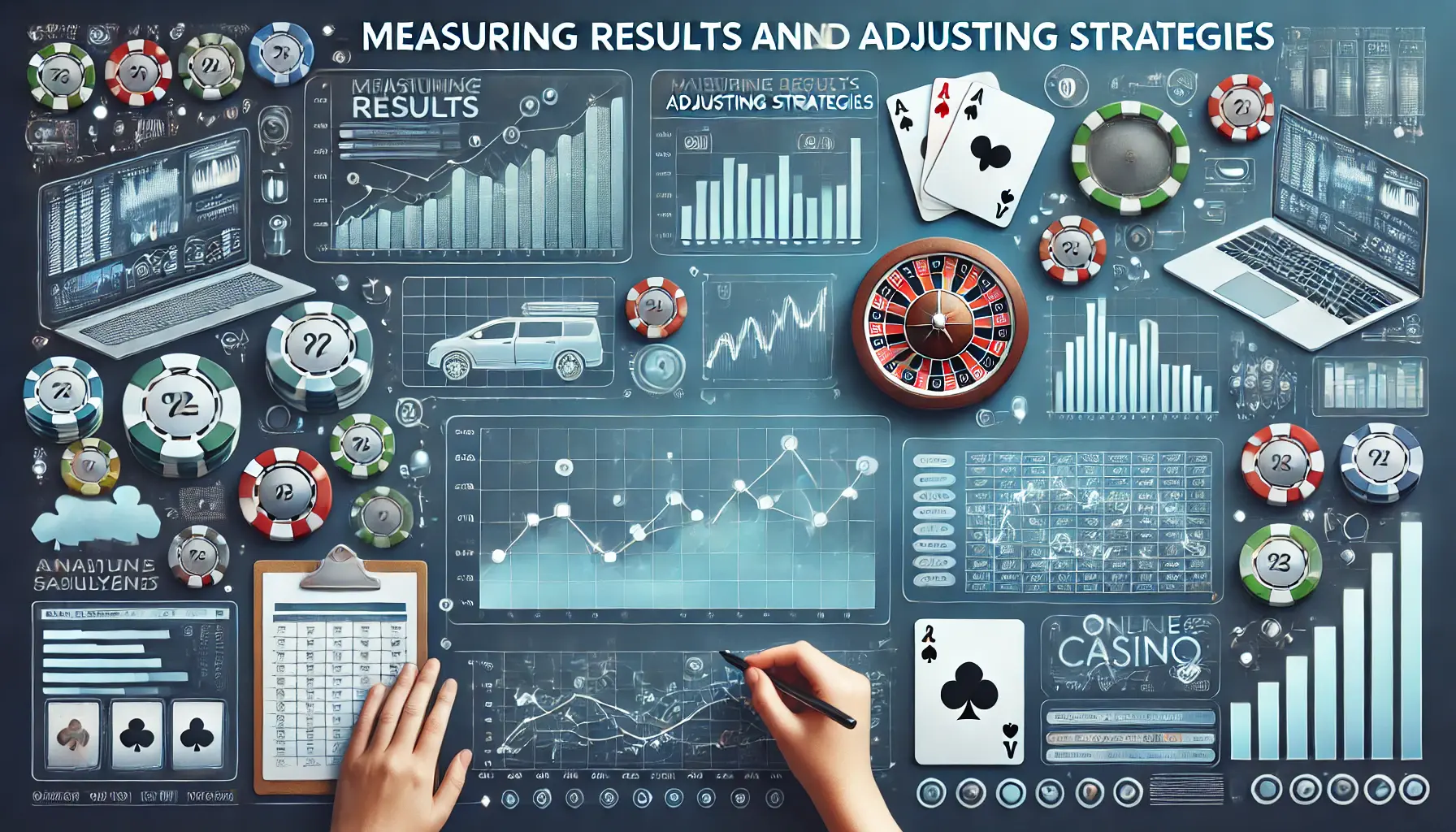 An image showing analytics dashboards with performance metrics and graphs, adjustments being made to strategies, combined with subtle casino elements like poker chips and roulette.