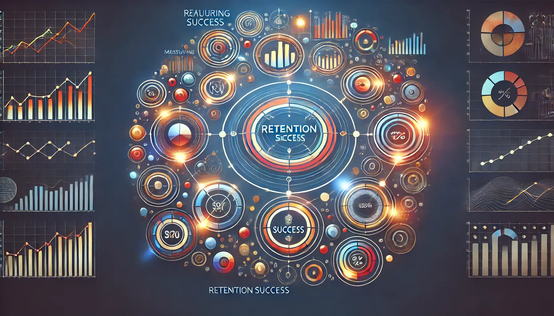 Abstract representation of measuring retention success with analytics, featuring graphs and data points symbolizing analysis and progress tracking.