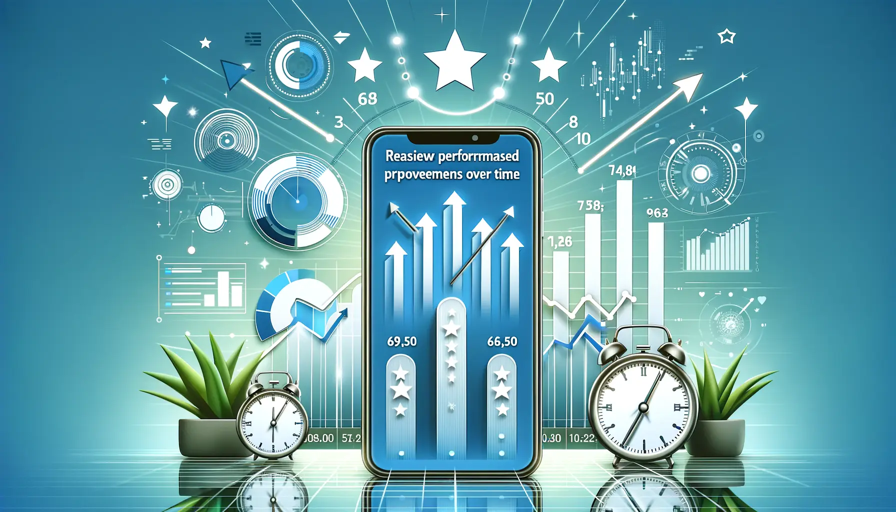 A mobile app with analytics graphs, progress bars, and review feedback showing performance metrics improving over time, with upward-moving charts and time indicators.