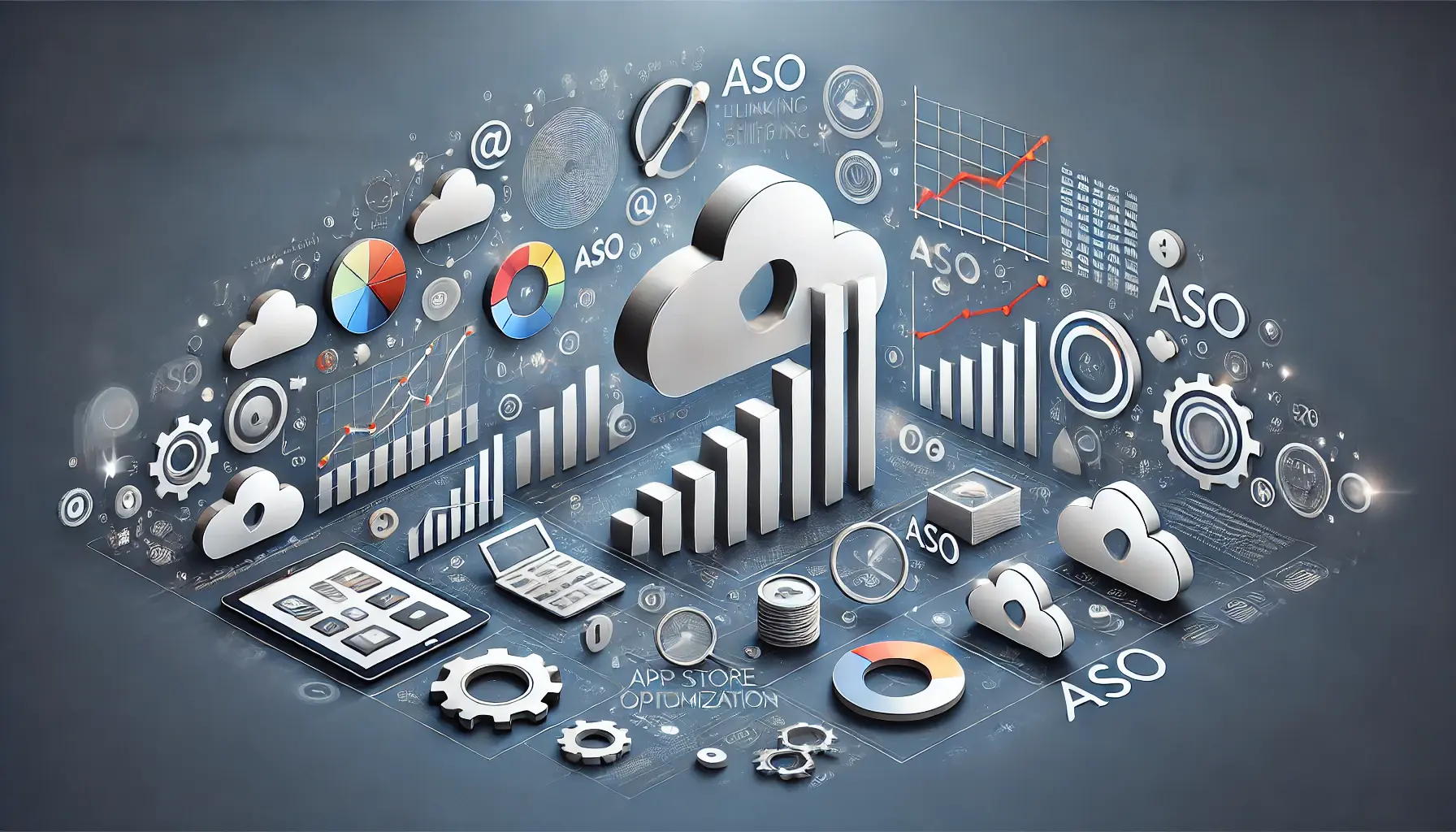 Abstract representation of charts, graphs, and digital metrics, symbolizing the analysis and measurement of success in ASO link building.