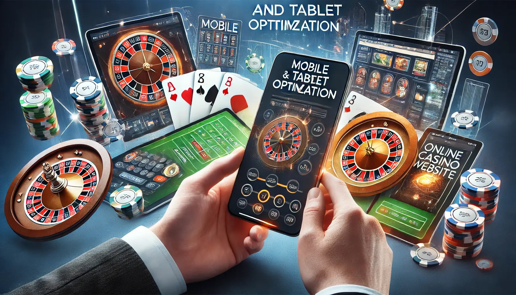 An image showing smartphones and tablets displaying mobile-friendly casino websites with responsive layouts, combined with subtle casino elements like poker chips and roulette.