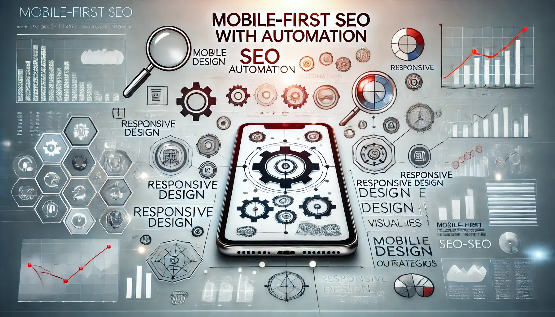 An image showing a mobile device surrounded by icons like gears, graphs, and arrows, representing mobile-first SEO automation and optimization.