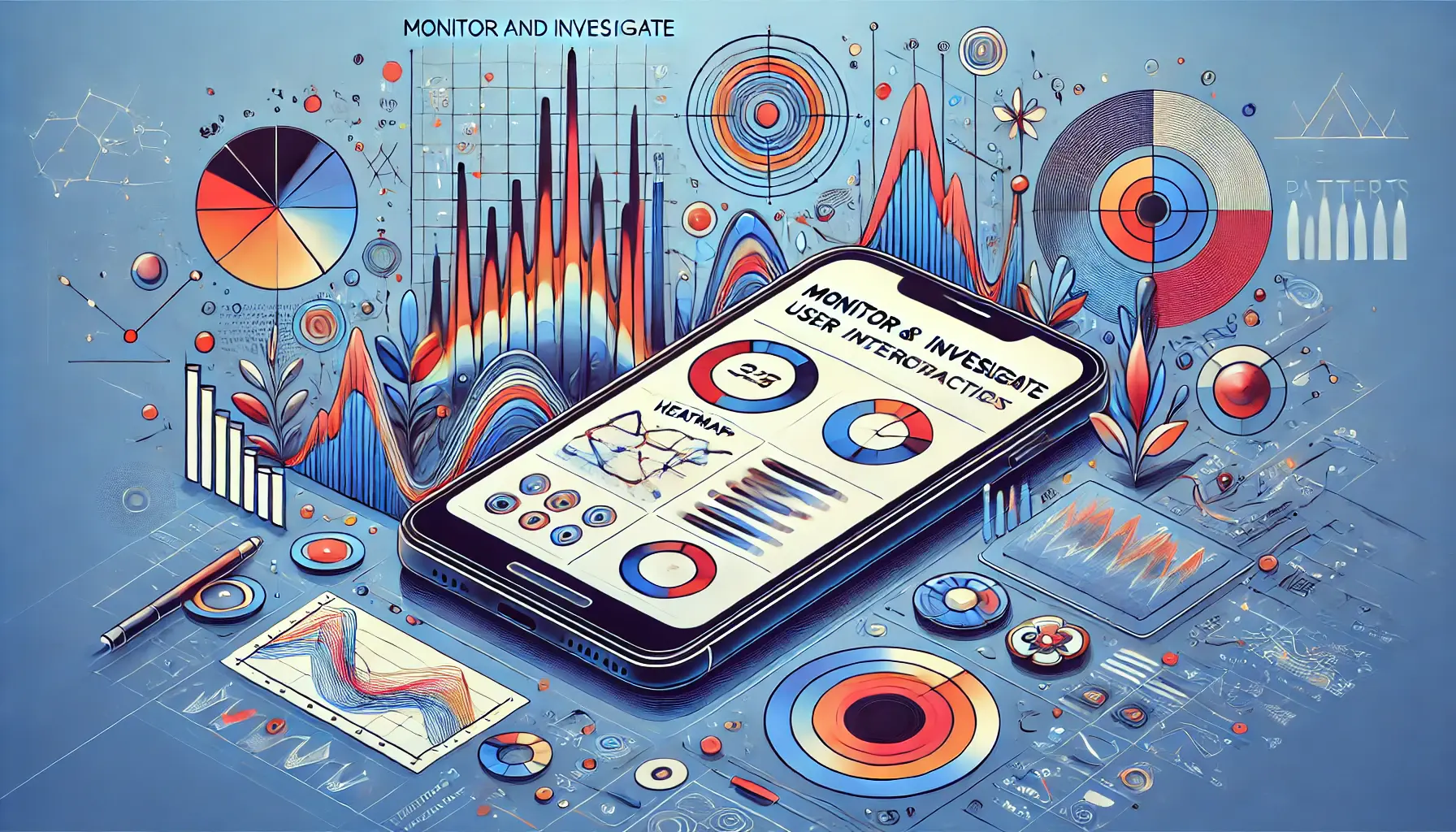 A smartphone displaying analytical tools like heatmaps and interaction graphs, set against an abstract background symbolizing observation and pattern recognition.