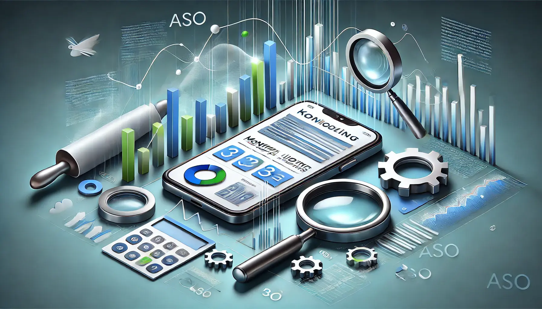 Abstract representation of monitoring and updating keywords in ASO, featuring a mobile device surrounded by graphs and progress indicators