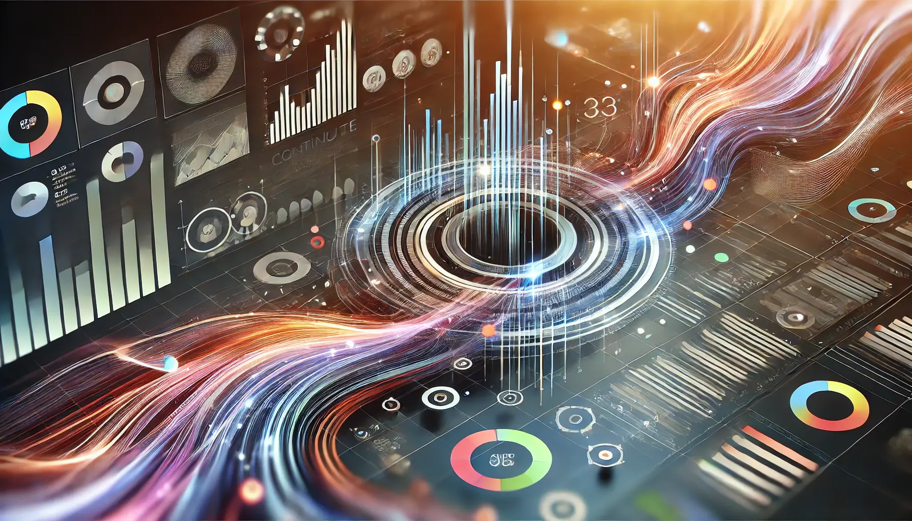 Abstract representation of monitoring and adjusting campaign performance, with dynamic elements symbolizing tracking, optimization, and continuous improvement.