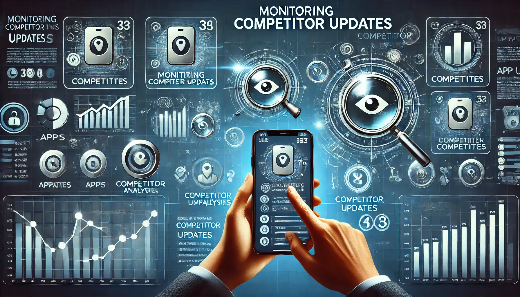 Illustration of tracking competitor updates with a digital dashboard, app icons side by side, and performance graphs