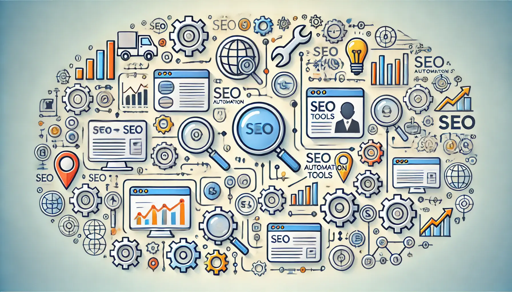 An image representing various SEO automation tools with icons like gears, magnifying glasses, graphs, and dashboards, connected through flow lines.