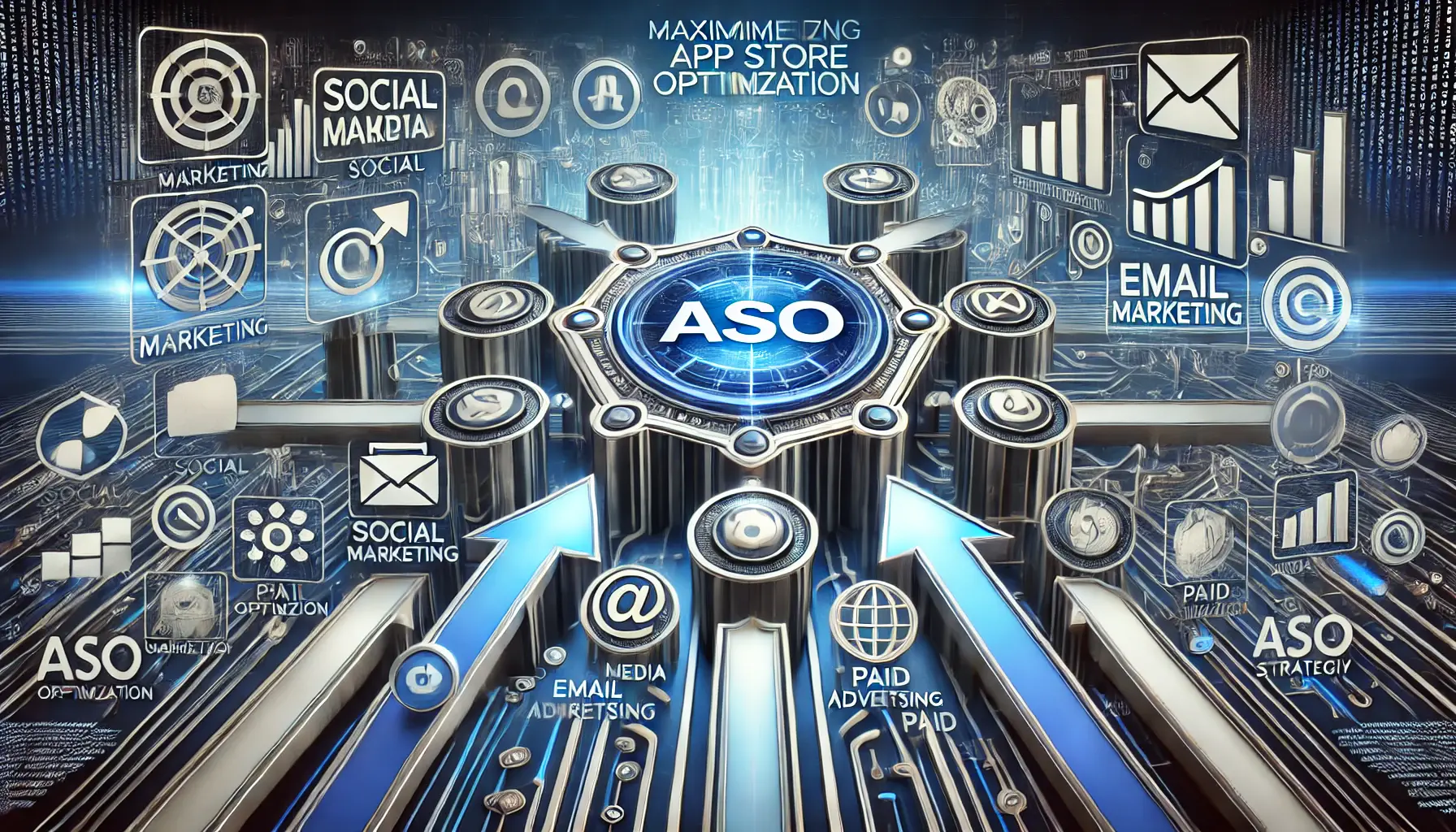 Image depicting various digital marketing channels, such as social media icons and email marketing symbols, converging towards a central ASO strategy hub, symbolizing multi-channel support.